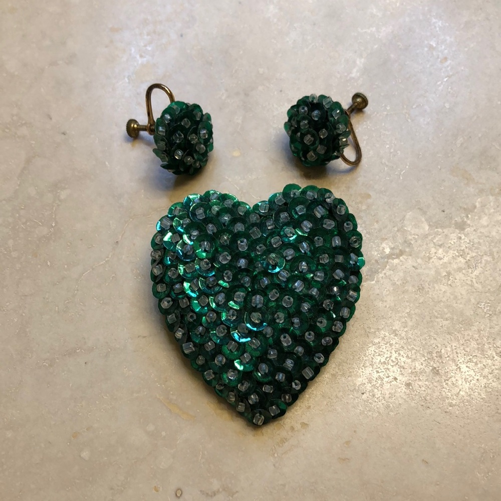 Vintage Sequin Beaded Heart Brooch and Earrings Set